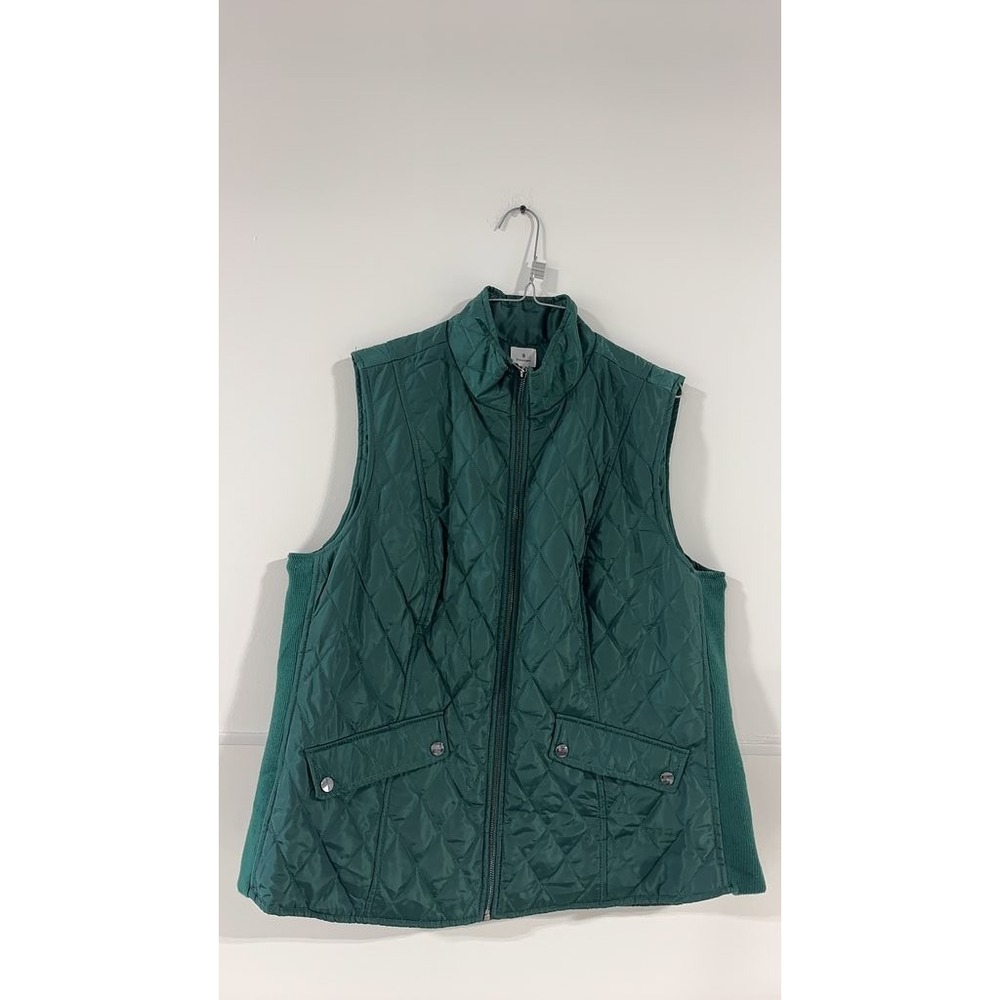 Dressbarn Womens Quilted Green Vest Zip Front Ribbed Panels Plus Size 1X